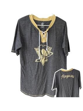 Y2K Pittsburgh Penguins Jersey Womens XL Gray Lace Up Hockey Shirt NHL 21x28